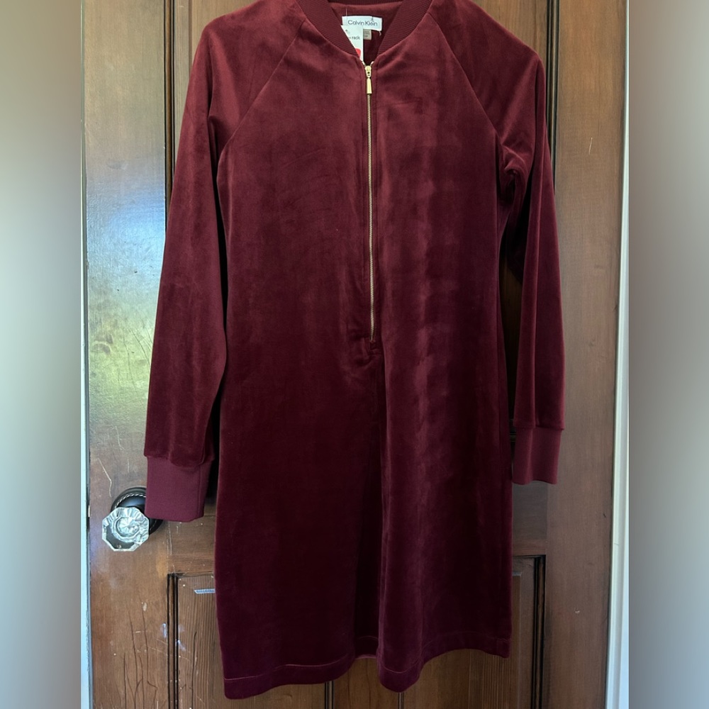 Red velvet Calvin Klein dress